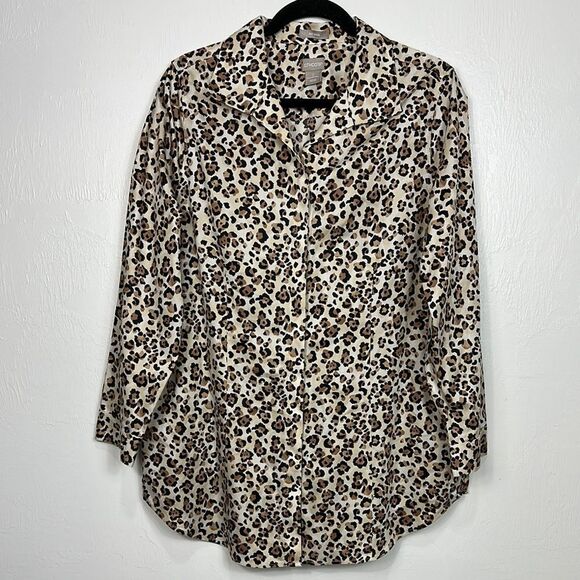 Chico’s No-Iron Leopard Print Cotton Long Sleeve Button Down Shirt Size 12/14 - Picture 1 of 11